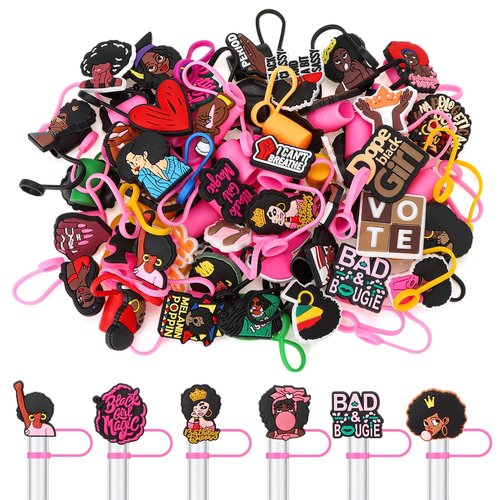 Ovveroche 50 Pcs Pink Black Girl Straw Cover Caps Compatible with Stanley Cup, Silicone Cute Reusable Straw Toppers compatible with Stanley Cup Accessories 10mm