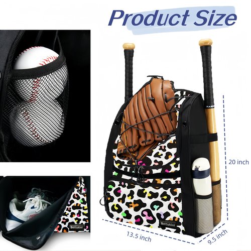 Baseball Bag, Youth Baseball Bag Softball Bat Bag with Shoe Compartment, Baseball Equipment Bag TBall Bat with Fence Hook, for Batting Mitten, Helmet, Teeball Gear Adult Colorful Leopard