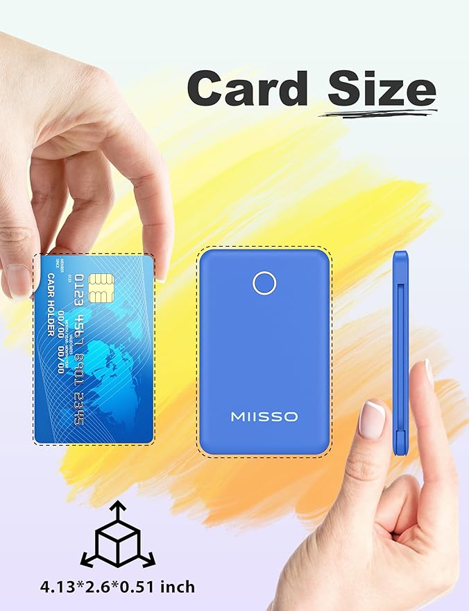 6000mah Ultra Slim Built in Cables Power Bank, Card Size Built in USB C Cords Battery Pack Portable Charger for Phones, 3 Output External Battery Pack Compatible with iPhone, Samsung, Deep Blue