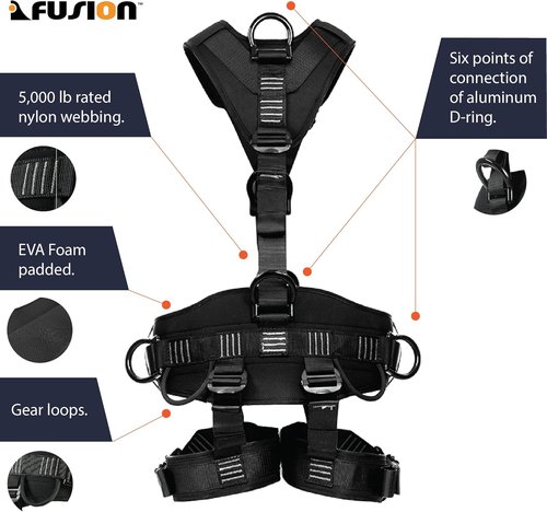 Fusion Climb Tac-Rescue, Construction Harness - Full body harness with 3D EVA Foam Padding, 6 D-Ring Points, and Quick-Release Steel Buckle Safety harness OSHA & ANSI Compliant for Tree Work Rock Cl
