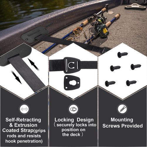 Retractable Rod Straps for Fishing Rods, Gunwale/Deck Mount Self-Retracting Tie-Down Straps, F14200 Rod Saver Strap Fishing Rod Holder, Fishing Pole Holders for Boat Deck, Black - 2 Pack