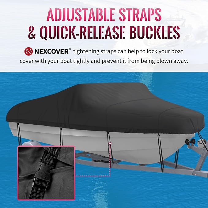 NEXCOVER Trailerable Boat Cover, Length: 17'-19' Beam Width: up to 96", Waterproof Heavy Duty Cover, Fits V-Hull, TRI-Hull, Runabout, Pro-Style, Bass Boat, Storage Bag & Tightening Straps Included.
