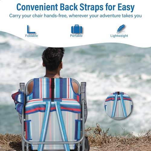 T CACHE Backpack Beach Chair with Straps – Low Beach Chair Backpack with Pillow, High Back, Striped Design, Insulated Pocket