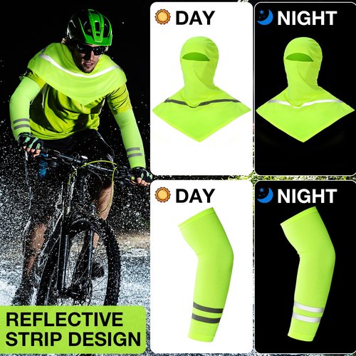 Toulite 3 Pcs Summer Balaclava Face Cover and 3 Pairs Sun Protection Cooling Arm Sleeves with Reflective Strip for Men Women (Fluorescent Green)