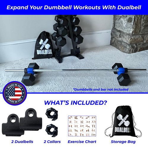 DUALBELL Dumbbell Barbell Converters- Pair Black w/black weight collars for 1", 25mm bar- Connect Dumbbells to 1" standard diameter bar, barbell adapters to replace weight plates- 250lb capacity