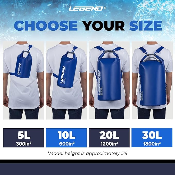 Legend UltraSEA Waterproof Dry Bag 5L/10L/20L/30L - Drybag Waterproof Bag for Kayaking, Swimming & Travel, Roll Top Floating Dry Bag, Lightweight Dry Sack for Boating, Rafting and Beach - 10L Blue