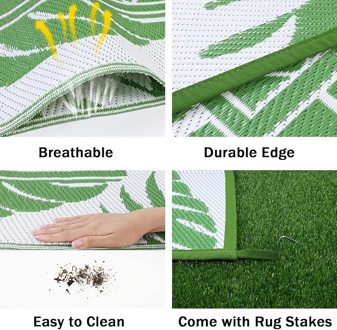 Ileading Outdoor Rug Carpet for Patio 6' x9' Waterproof Reversible Plastic Straw Rug Portable Outside Area Rug Camping Mat for Patio, Clearance, Balcony, Picnic, Pool, Beach, RV, Deck, Leaf Green