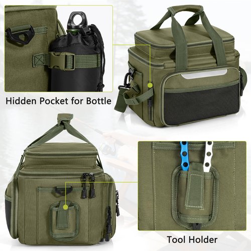 FREEAMG Fishing Tackle Bags - Saltwater & Freshwater Fishing Bag - Padded Shoulder Strap Fishing Bags - Gear Storage for Tackle Box (Green) (Does not come with box)