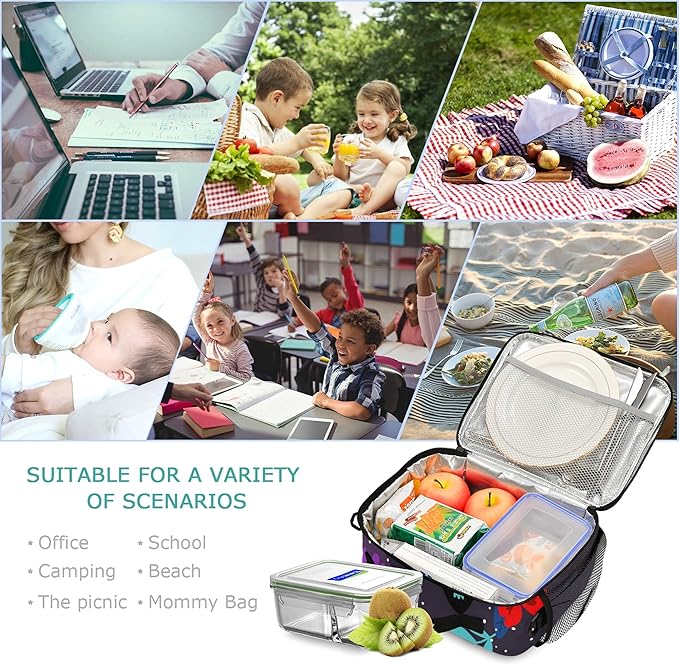 Cat Sugar Skull Lunch Bag Insulated Lunch Box Cooler Cooling Tote Food Container for Adults Men Women