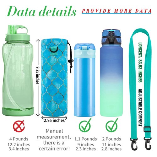 bvya 2 Pcs a Set Water Bottle Carrier, Printed Neoprene Portable Insulated Water Bottle Holder Bag 1000ML with Adjustable Shoulder Strap Fit Stainless Steel, Plastic Bottles & More