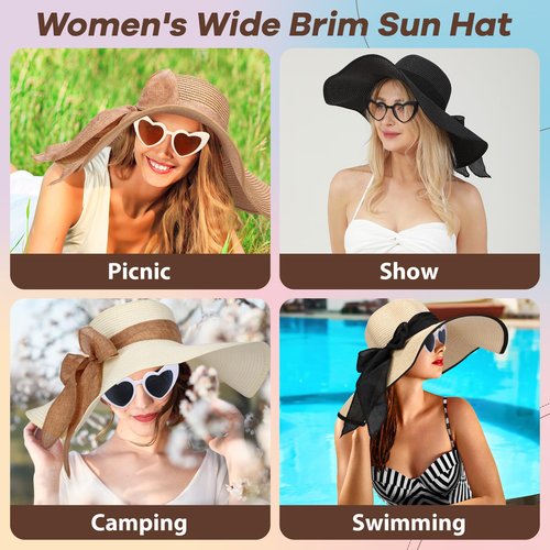 Jeyiour 12 Pcs Women Floppy Summer Hat Wide Brim with Heart Shape Glasses Big Bowknot Straw Hat Sun Hats Heart Sunglasses (Modern Colors)