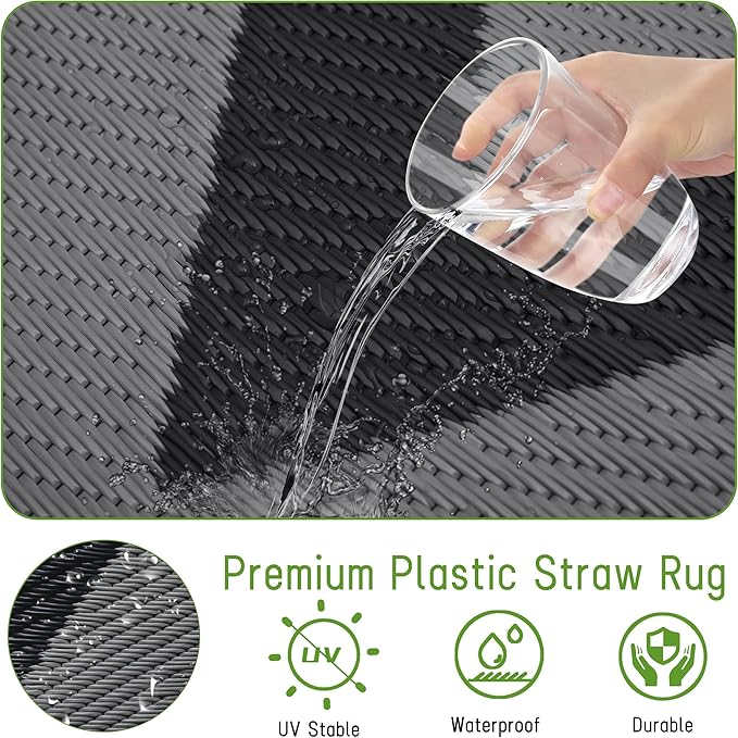 Easy-Going Reversible Outdoor Rugs 9x12ft Waterproof Plastic Straw Rug Stain & UV Resistant Floor Mat for Patio Porch RV Backyard Pool Deck Picnic Beach Trailer Camping (Waved Black & Grey)