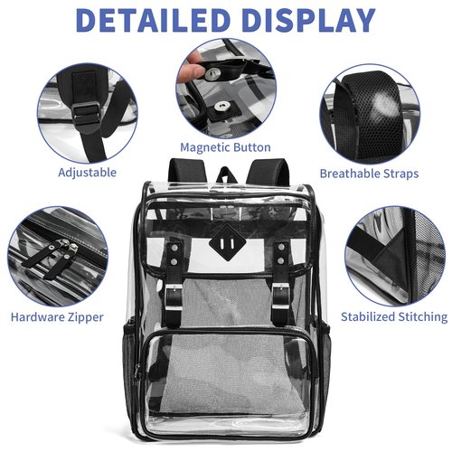 NEOREAL Clear Backpack Large Capacity Heavy Duty Transparent PVC Backpack with Leather Trim for Women College Work Travel