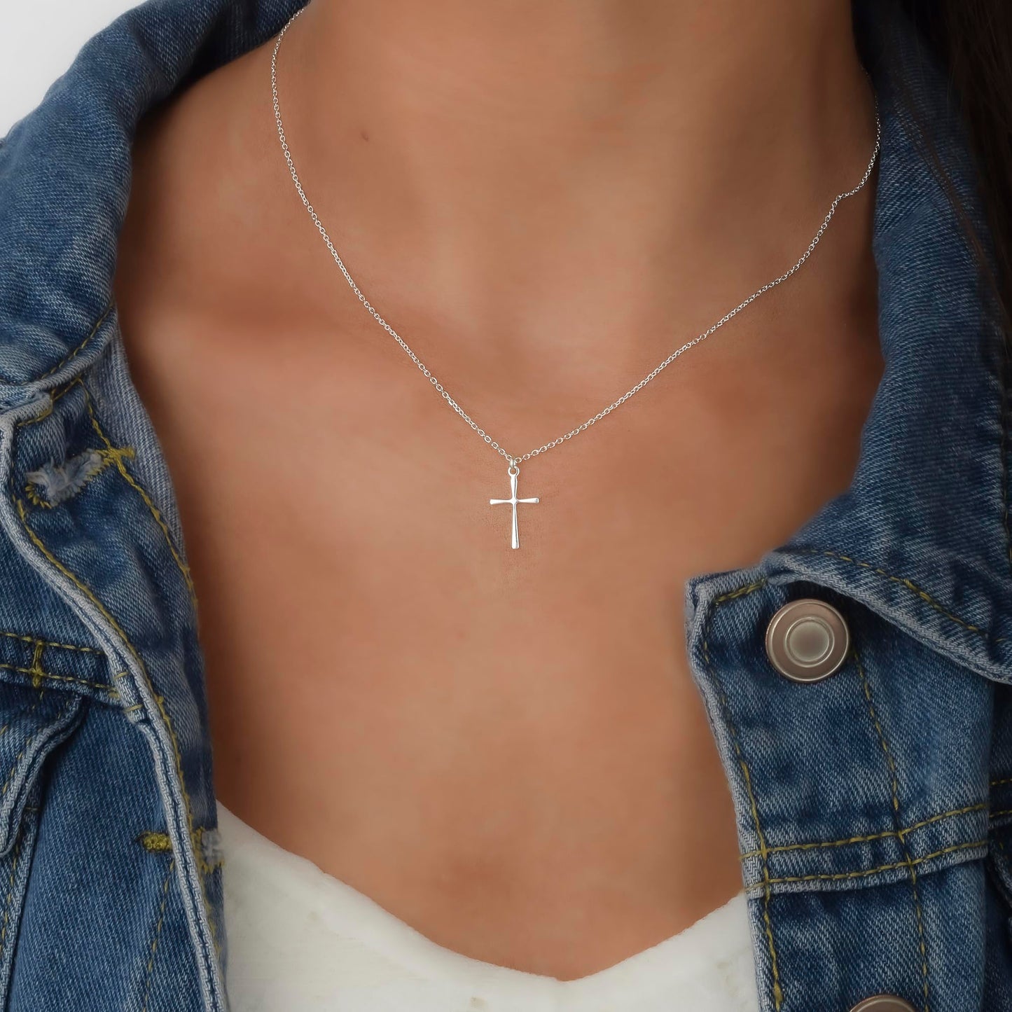 Annika Bella Small Cross Necklace, 925 Sterling Silver Faith Jewelry, Religious Tiny Pendant Charm Necklaces, Gift for Her (Silver)