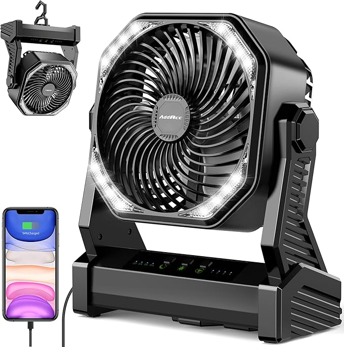 20000mAh Camping Fan, Rechargeable Portable Fan with 400 Lumes Light, 360° Rotatable Hook, 270° Pivot, 4 Speeds, 58Hrs Battery Powered for Tent Car Trip Outdoor BBQ Hurricane Power Outages