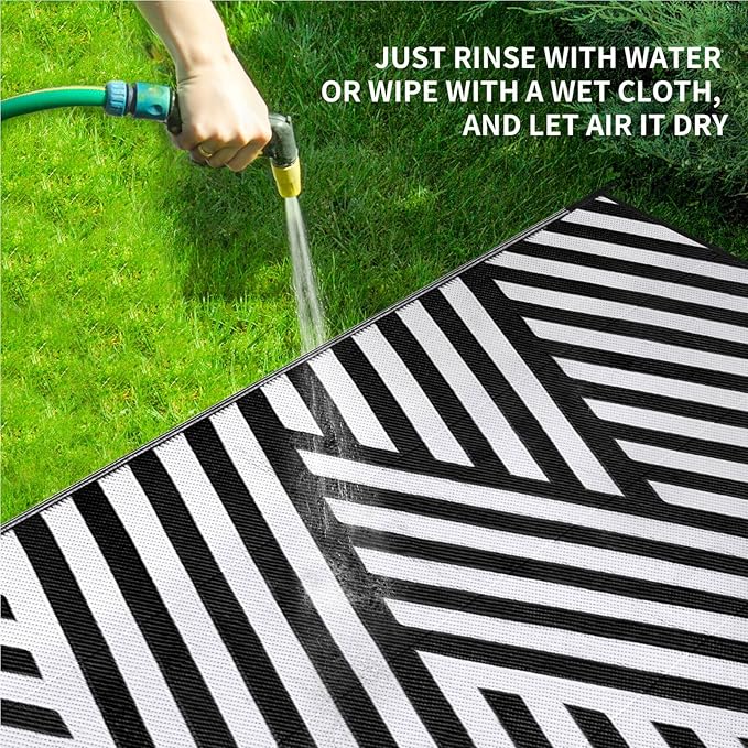 Outdoor Patio Plastic Straw Rug - 8'x10' Outdoor Camping Rug Waterproof Reversible, Area Carpet Patios Clearance RV, Outside Porch Balcony Deck for Camper, White & Black