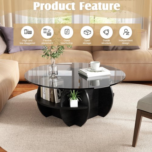 Round Coffee Table, Modern Coffee Table Glass Top with Solid Wood Base, Large Rustic Circle Center Cocktail Table Unique Accent Glass Coffee Table for Living Room (Round)