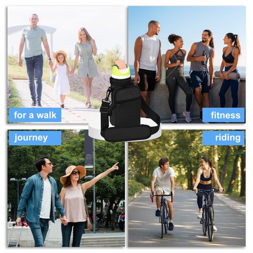 Xxerciz Water Bottle Carrier Bag for Owala FreeSip 24oz 32oz Water Bottle, Portable Water Bottle Holder with Phone Pocket Adjustable Shoulder Strap Carabiner for Walking Camping Hiking (Black)