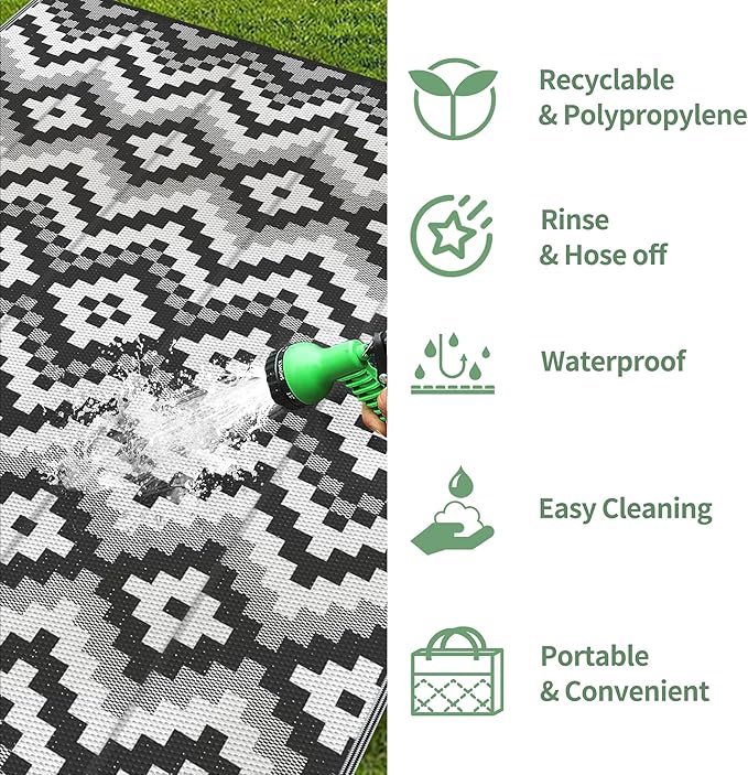 GENIMO Outdoor Rug Waterproof 8x10 ft, Lightweight Plastic Straw Rugs, Outside Reversible Large Mat Carpet for Patio, Camping, RV, Deck, Balcony, Porch, Backyard, Black & White
