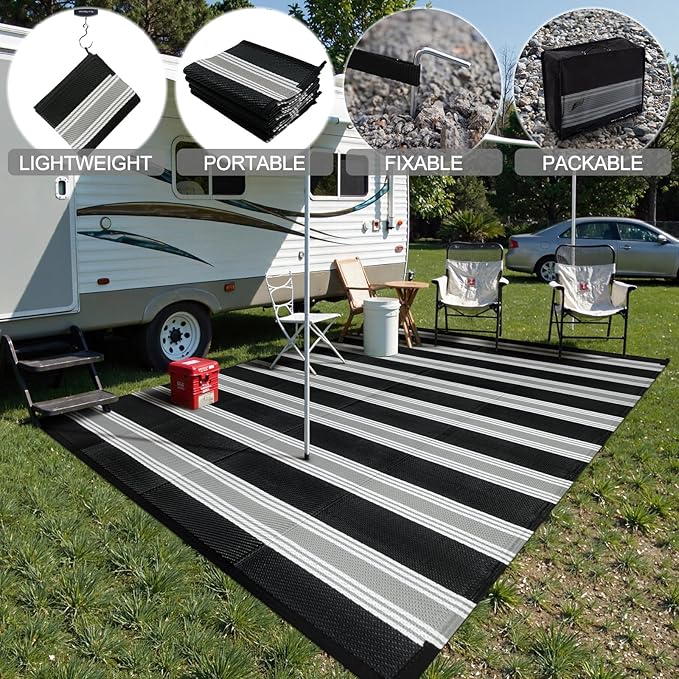 Lahome Striped Outdoor Plastic Straw Rug, Reversible Outdoor Rug Waterproof 9x12 Rugs for Patio, RV Camping Rug Picnic Mat Outside Large Carpet for Beach Deck Backyard Balcony(Black/Grey,9'x 12')