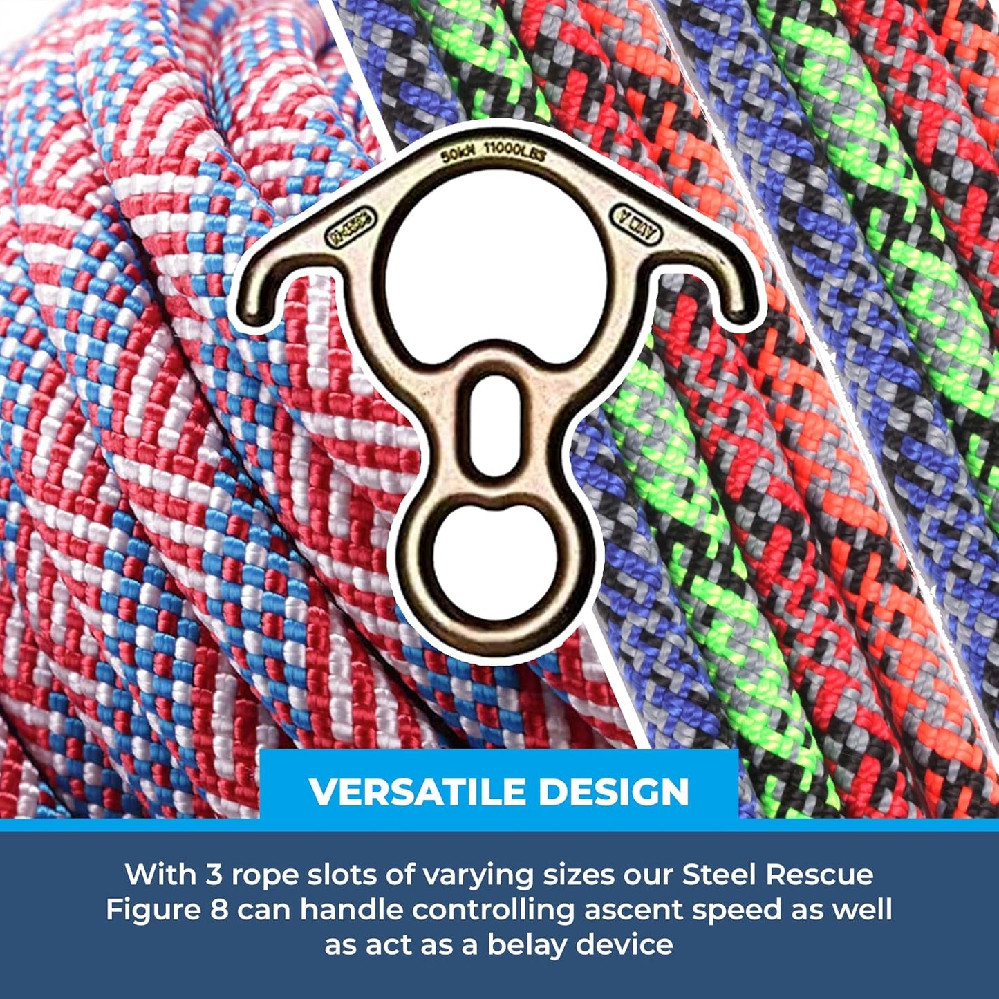Rock-N-Rescue Steel Rescue 8 with Ears | High-Strength Steel for Controlled Descents | 40kN Breaking Strength | Ideal for Arborists, Outdoor Adventurers, Rescue Gear