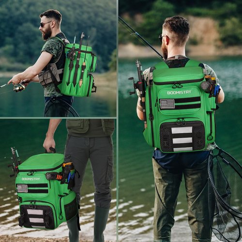 Boomistry 46L Fishing Backpack with Rod Holders, Waterproof Rain Cover, Large Backpack with Bottle Holder for Gear and Equipment, Outdoor Camping Hiking (Green)