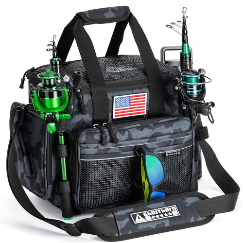 Ghosthorn Fishing Tackle Bag with Rod Holder Saltwater & Freshwater Resistant Tackle Box Bag - Adjustable Padded Shoulder Strap (Black Camouflage)