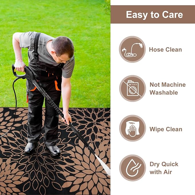 Anidaroel 8x10 Flower Outdoor Rug for Patios Clearance, Waterproof Camping Rug for Outside RV, Reversible Plastic Straw Outside Area Rugs for Garden, Camper, Picnic, Beach(Black/Brown,8'x10')