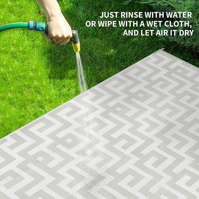 Outdoor Patio Plastic Straw Rug - 5'x8' Outdoor Camping Rug Waterproof Reversible, Area Carpet Patios Clearance RV, Outside Porch Balcony Deck for Camper, Grey & White