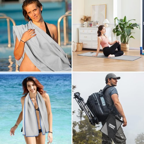 NUOYEE 4 Pack Camping Towel Set Microfiber Lightweight Quick Dry Bath Travel Towels Men Women S L XL Fast Drying Compact Absorbent Towel for Body Beach Yoga Swimming Pool Hiking Picnic(Light Grey)