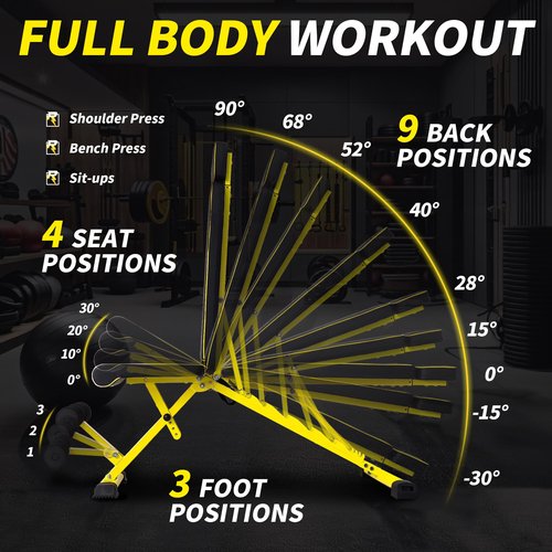 Adjustable Weight Bench,1000 LB Fast Folding Workout Bench for Home Gym Strength Training, Incline Decline Flat Utility Bench Press for Full Body Workout, Upright Storage Yellow Exercise Bench (Yellow)