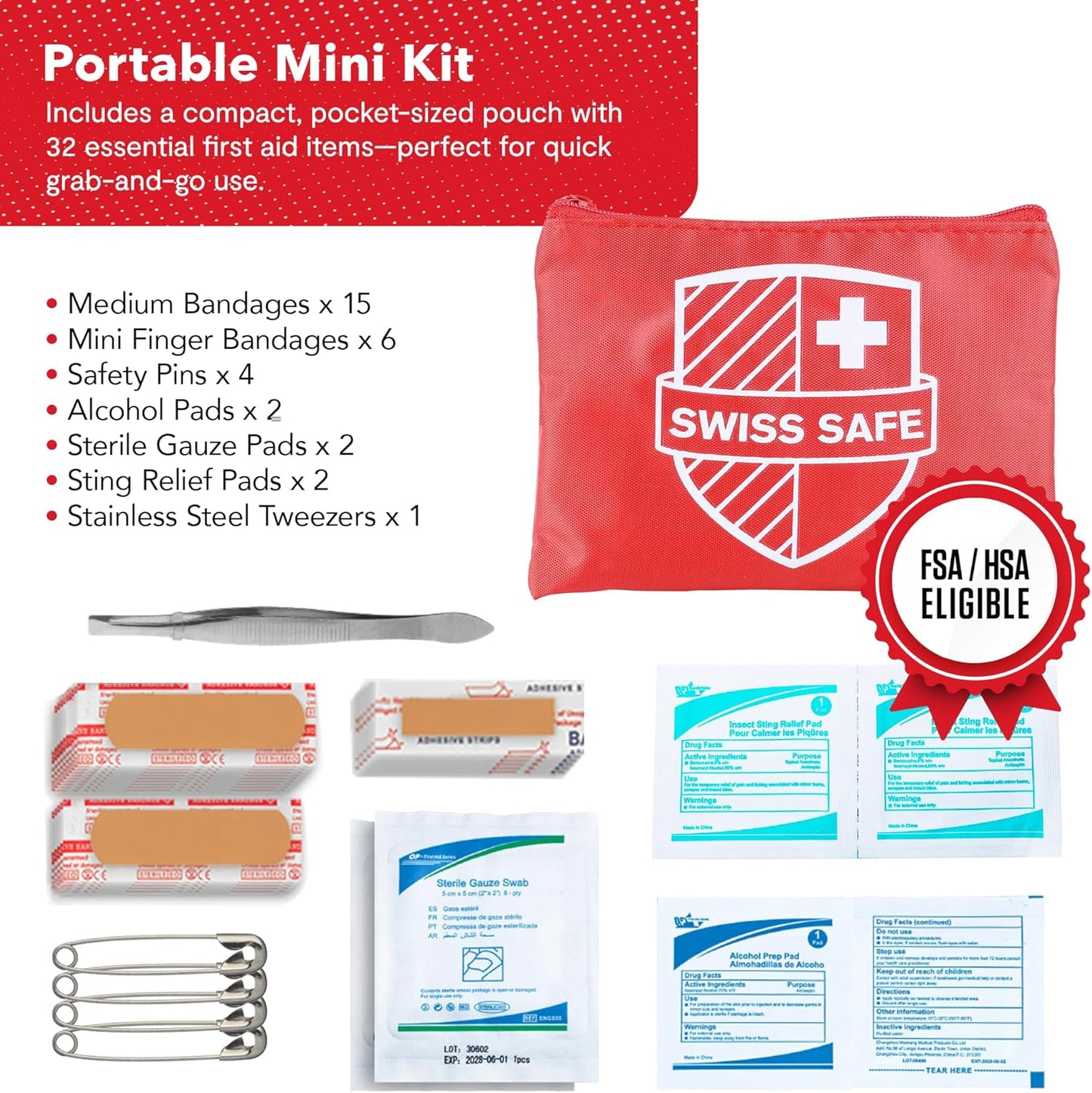 Swiss Safe 2-in-1 First Aid Kit for Car, Travel & Home, Businesses - Bonus Mini Kit for Medical Emergency Aid, Survival, Camping - 64 Piece, Travel FAK