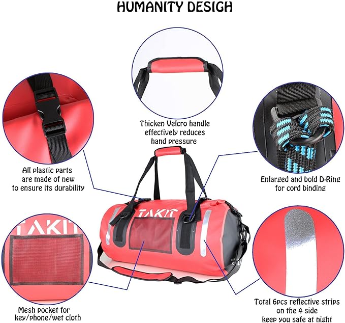 Waterproof Duffle Bag Travel Dry Bag 500D PVC for Motorcycle Tail Kayaking Rafting Boating Swimming Camping Hiking Beach Fishing (Red, 60L)