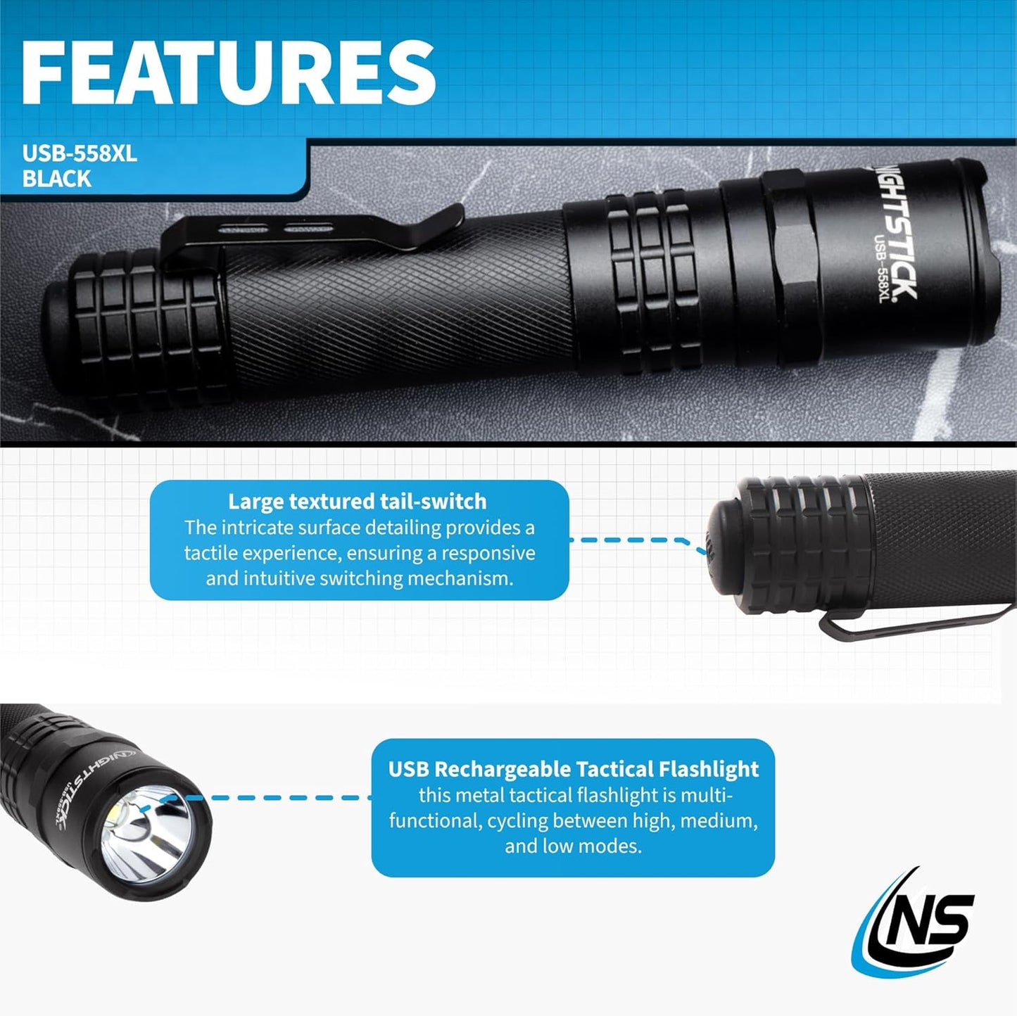 Nightstick USB-558XL USB-C Rechargeable Tactical Flashlight, Black