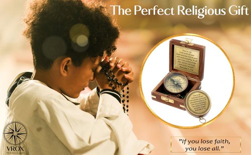 Trust in The Lord -Proverbs 3: 5-6 Quote Engraved Compass with Wooden Box, Baptism Gifts, Camping Compass, Catholic Inspirational Christian Religious Gifts for Men Women, 2025 Graduation Day Gifts