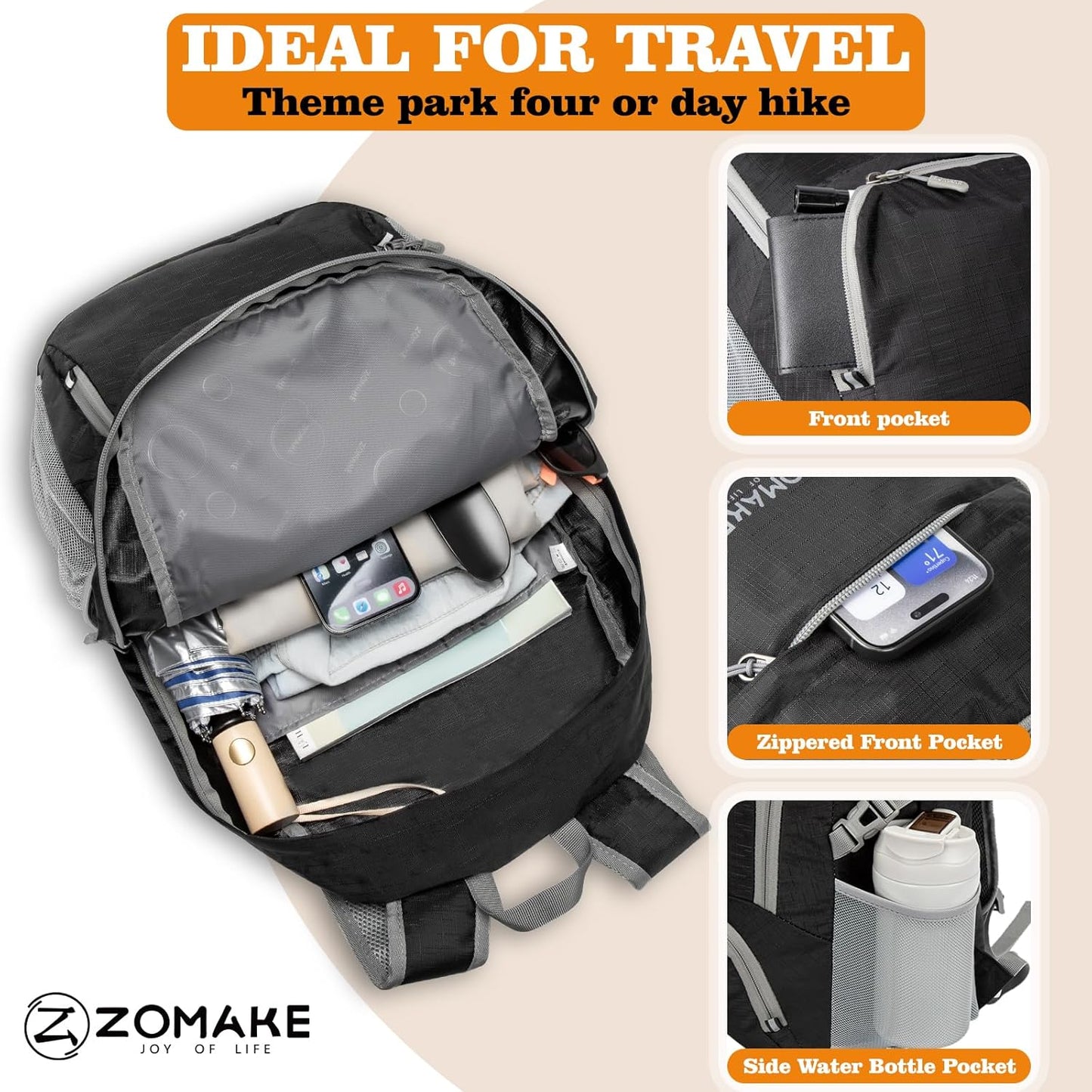 ZOMAKE Lightweight Packable Backpack 30L, Foldable Hiking Backpacks Water Resistant Compact Folding Daypack for Travel(Black)
