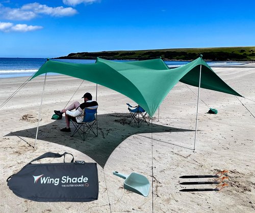 Wing Shade Beach Tent Sun Shelter - Large Portable 10x10 Pop Up Beach Canopy, Easy Setup on Grass or Sand with 4 Poles, 8 sandbags - for Outdoor Picnic, Beach Shade. Wind sail & Beach Umbrella