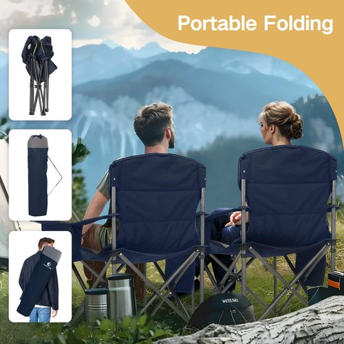 ALPHA CAMP 2PC Oversized Camping Chair Heavy Duty Lawn Chair with Cooler Bag Support 450 LBS Steel Frame Collapsible Padded Arm Quad Lumbar Back Folding Chair for Lawn Outdoor,Navy Blue