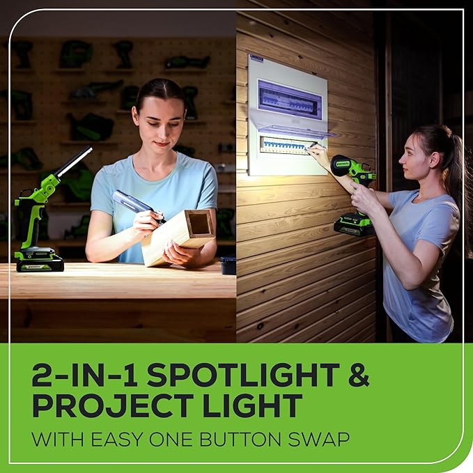 Greenworks 24V 2-in-1 Work Light, Dual Function, (2) Interchangeable Light Heads, 650 Lumen LED, Tool Only