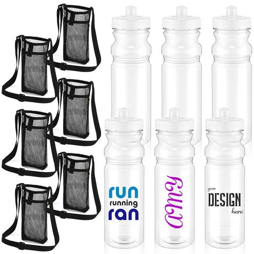 Talltalk 6 Pcs 25 oz Bulk Water Sports Bottles for Kids DIY Squeeze Reusable Plastic with Mesh Adjustable Shoulder, Reusable Transparent Bottles Holder with Adjustable Strap Carrier for Boys Girls