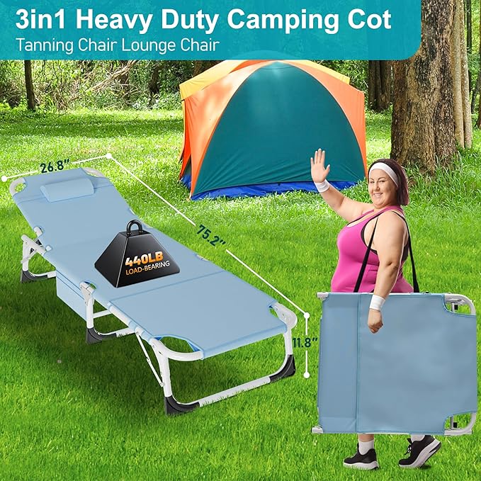 ABORON Folding Camping Cot W/Mat for Adults, Adjustable Heavy Duty Outdoor Bed,1200 D Layer Oxford Travel Camp Cots