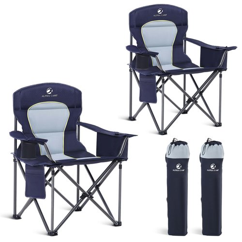 2 Pack Oversized Folding Camping Chairs High Back Heavy Duty Padded Lawn Chair for Adults Support up to 450lbs with Cup Holder, Side Pocket Cooler Bag, Blue
