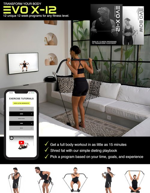EVO Bow - All in One Portable Home Gym System | Compact Strength Training and Exercise Equipment for Travel with Notched Resistance Bands for Full Body Training and Weighted Pushups | 300lbs (Ultra)