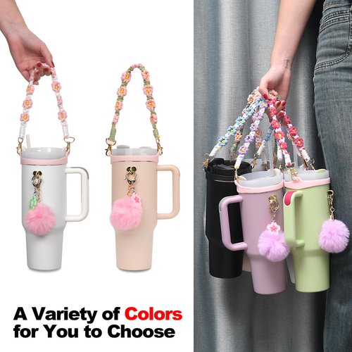 Wongeto Stanley Cup Accessories Set Including Water Bottle Handle Strap, Stanley Charms Cute Keychain for Stanley 30oz 40oz Tumbler Stanley Accessories- Woven Stanley Handle Strap(Pink)