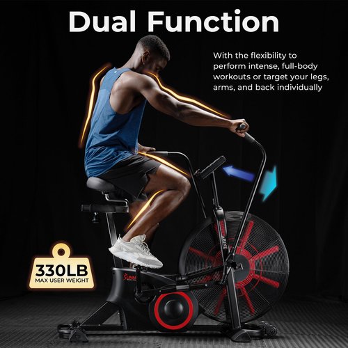 Sunny Health & Fitness Premium Smart Cross Trainer Fan Bike, Air Resistance Cardio Machine with 330LB Capacity for Intense Home Workout , Customizable Monitor with Free SunnyFit App Connection- SF-B223018