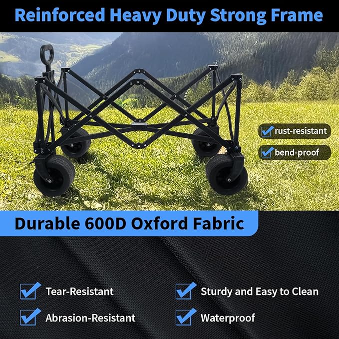 Collapsible Wagon Cart Foldable with Big All-Terrain Beach Wheels, Heavy Duty Folding Utility Wagon, 330lbs Weight Capacity Garden Cart for Shopping, Camping, Gardening, Sports Travel and Beach
