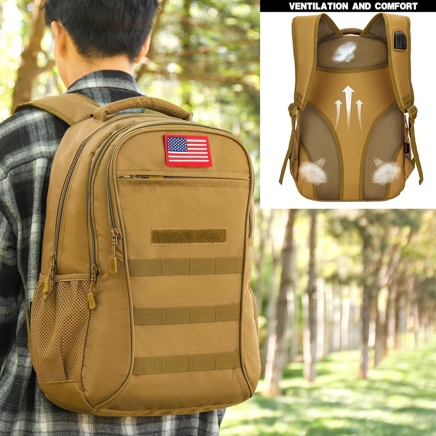 outdoor plus Camo Backpack,Military Boys Backpacks for School,40L Army Bookbag with USB Charging Port Waterproof