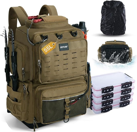 Goture IPX EVA Bottom Fishing Tackle Bag with Rod Holder, Waterproof 600D Fishing Backpack with 8 Lure Pockets & Rain Cover