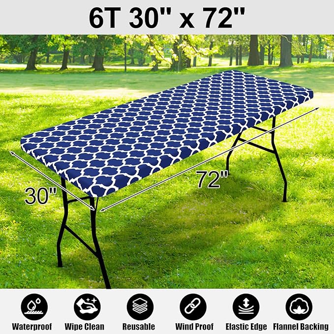 Smiry Rectangle Picnic Table Cover, Waterproof Elastic Fitted Camping Tablecloths for 6 Foot Tables, Wipeable Flannel Backed Vinyl Tablecloth Protector for Indoor, Outdoor (Navy, 30x72 Inches)