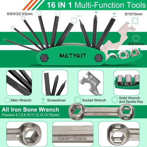 MatyKit Bike Tool Kit With Tools Bag + Bicycle Pump + Bike Multitool + Crank Extractor and Wrench + Bone Wrench + Tire Lever + Glueless Patches Set